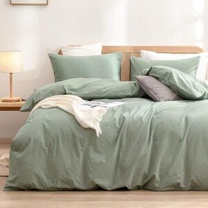 NWT-Bestouch Light Green Washed 100% Cotton KING DUVET COVER 3 piece Bedding set